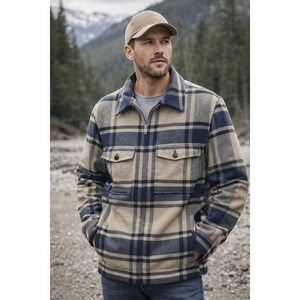 H&M Mens Blue‎ Tan Plaid Wool Blend Zip Up Shirt Jacket Shacket Large Chore